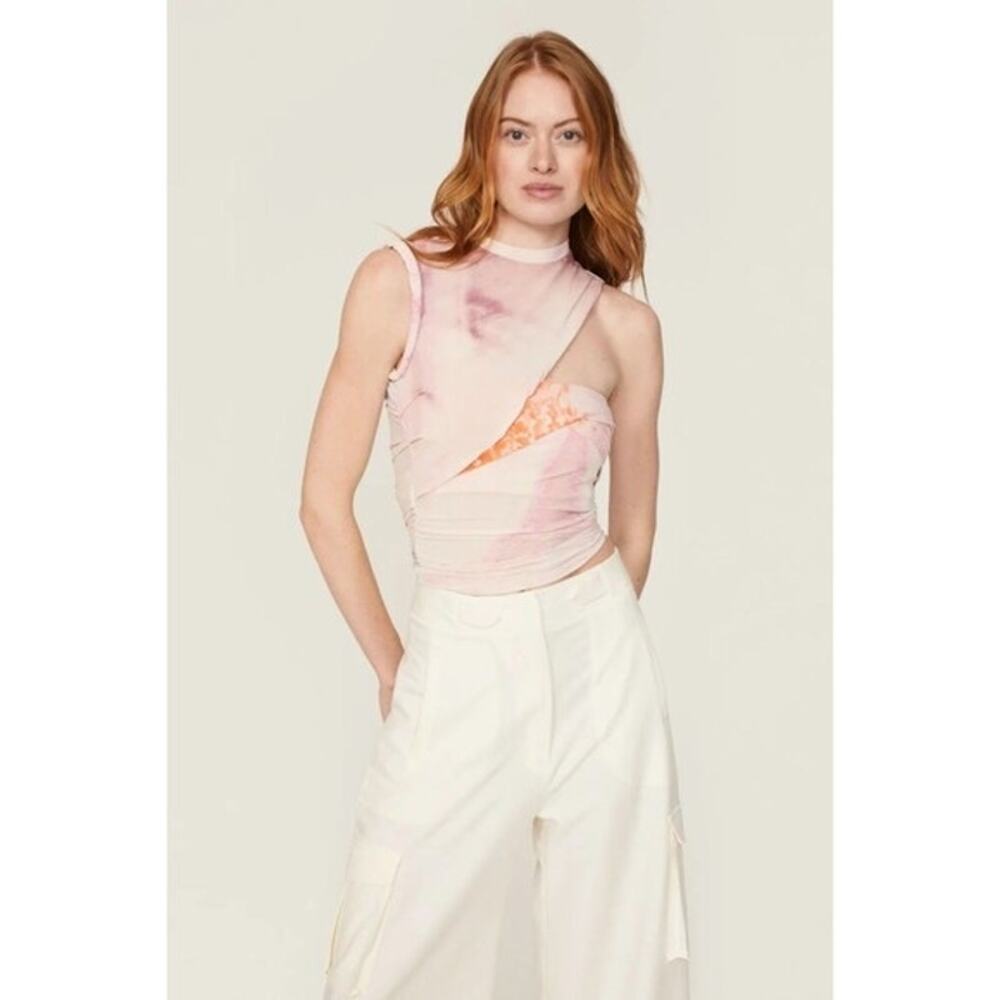 JONATHAN SIMKHAI Pink White Marble Draped Asymmetrical Top size Large